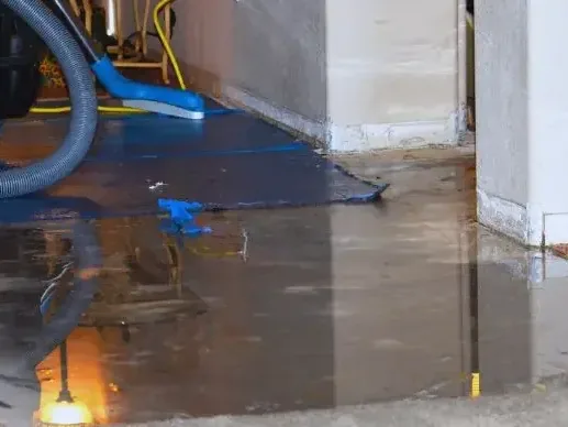 An extraction hose reaches standing water along an interior wall