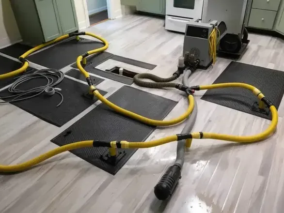 Hoses connect drying mats across a kitchen wood floor