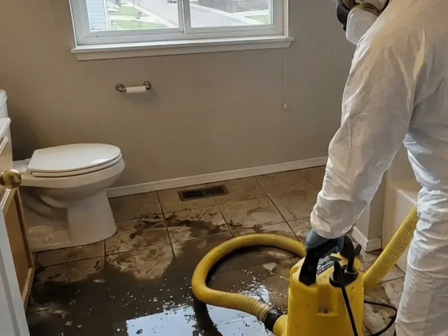 A worker in protective clothing extracts dirty water beside a toilet