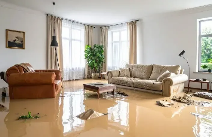 Muddy water covers a furnished living room floor around a sofa and coffee table