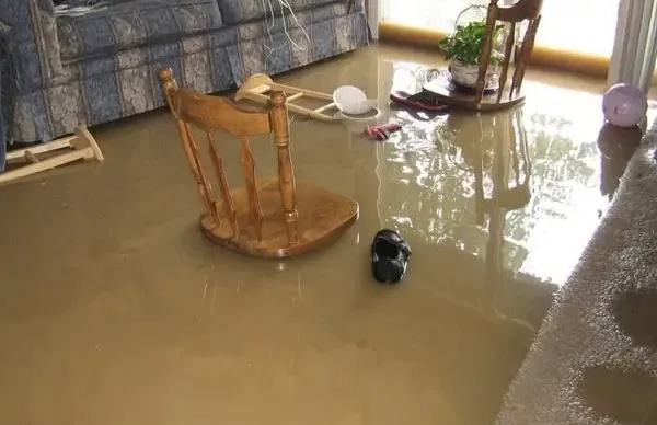 Brown floodwater surrounds chairs and household belongings in a living room