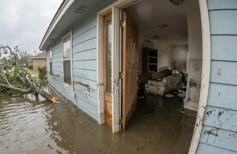 Stormwater stands beside a damaged house with an opened exterior wall