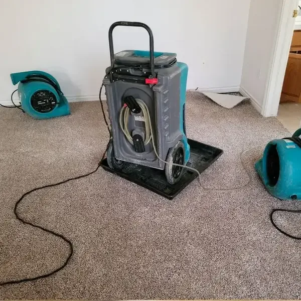 A dehumidifier and air movers sit on carpet in a room during drying