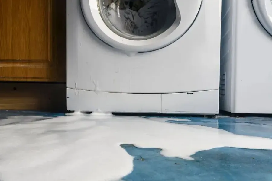 Foamy water escapes from a washing machine across a laundry floor