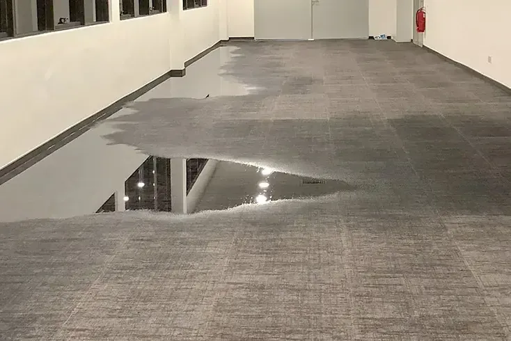 Water pools across carpet tiles in an empty office space