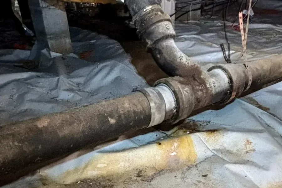 A damaged pipe connection sits above a wet underfloor surface