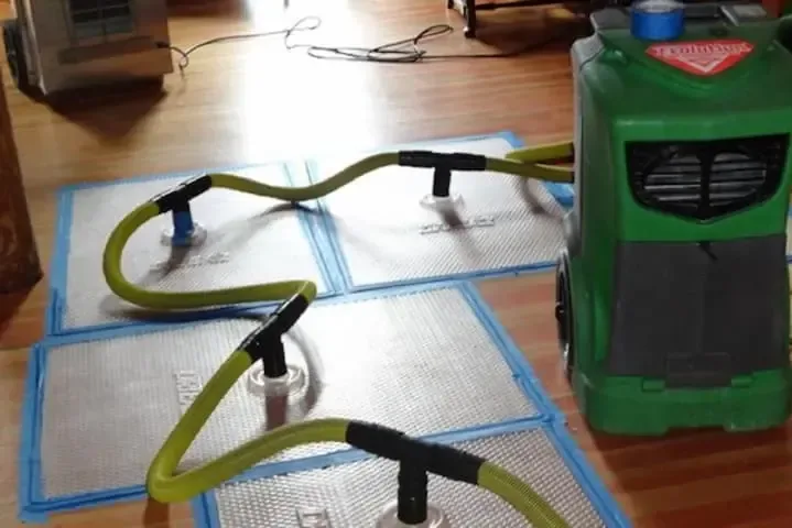Drying mats and connected hoses cover sections of a hardwood floor