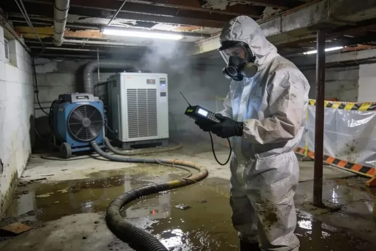 A worker wears protective clothing and a respirator in a contaminated room