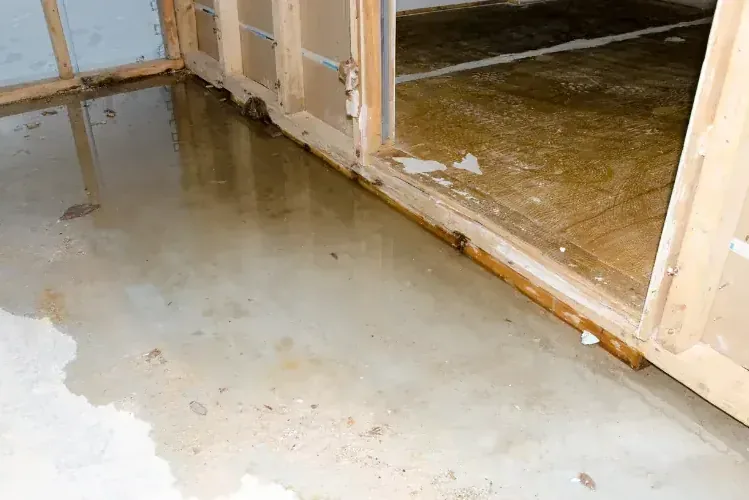 Standing water covers a floor beside an opened lower wall
