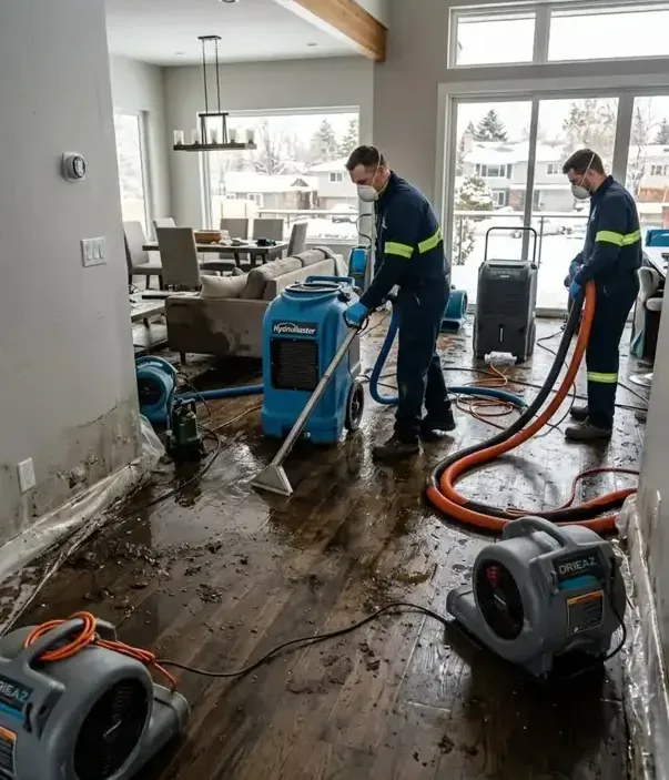 Workers extract water from a wood floor surrounded by drying equipment