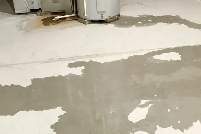 Water spreads across a concrete floor around the base of a water heater